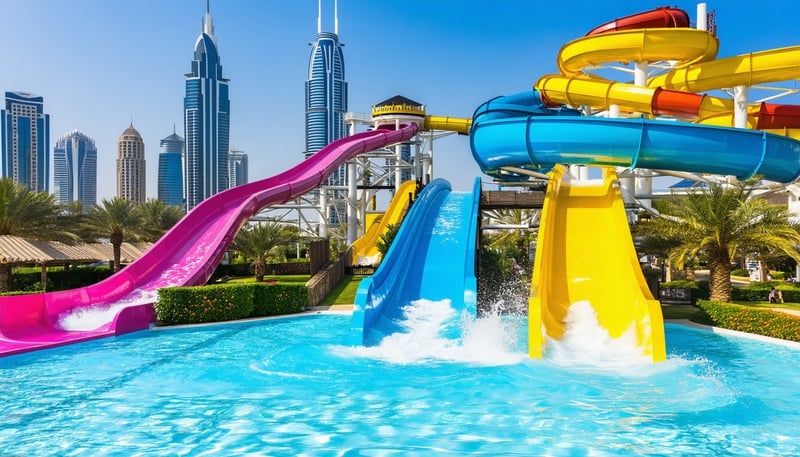A vibrant and exciting view of Water Park Dubai, showcasing water slides and pools. A vibrant and exciting view of Water Park Dubai, showcasing water slides and pools.